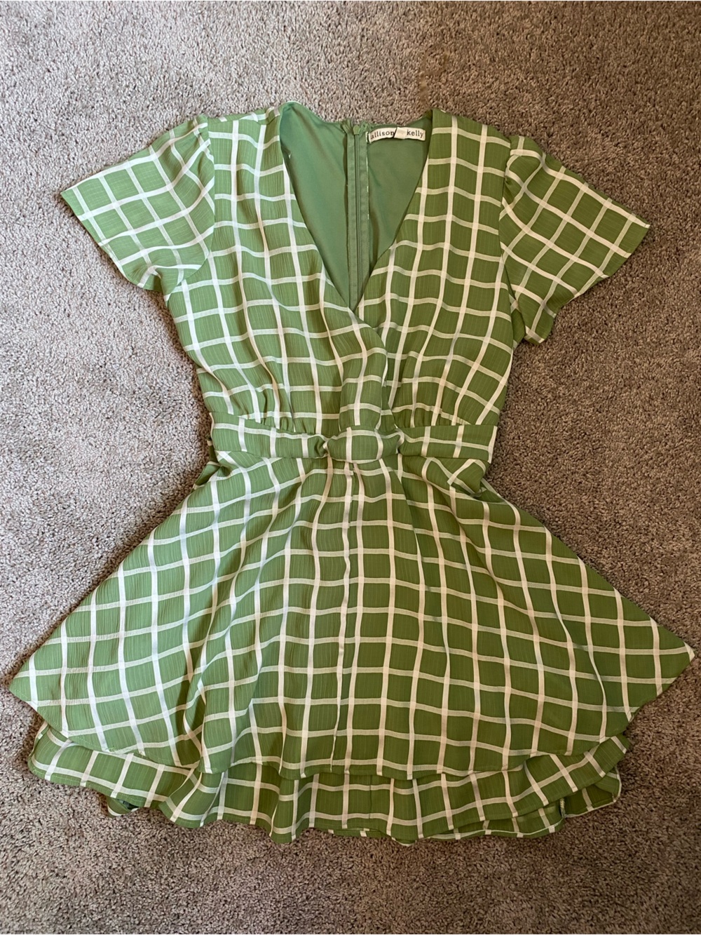 Green Windowpane Belted Fit-and-Flare Dress